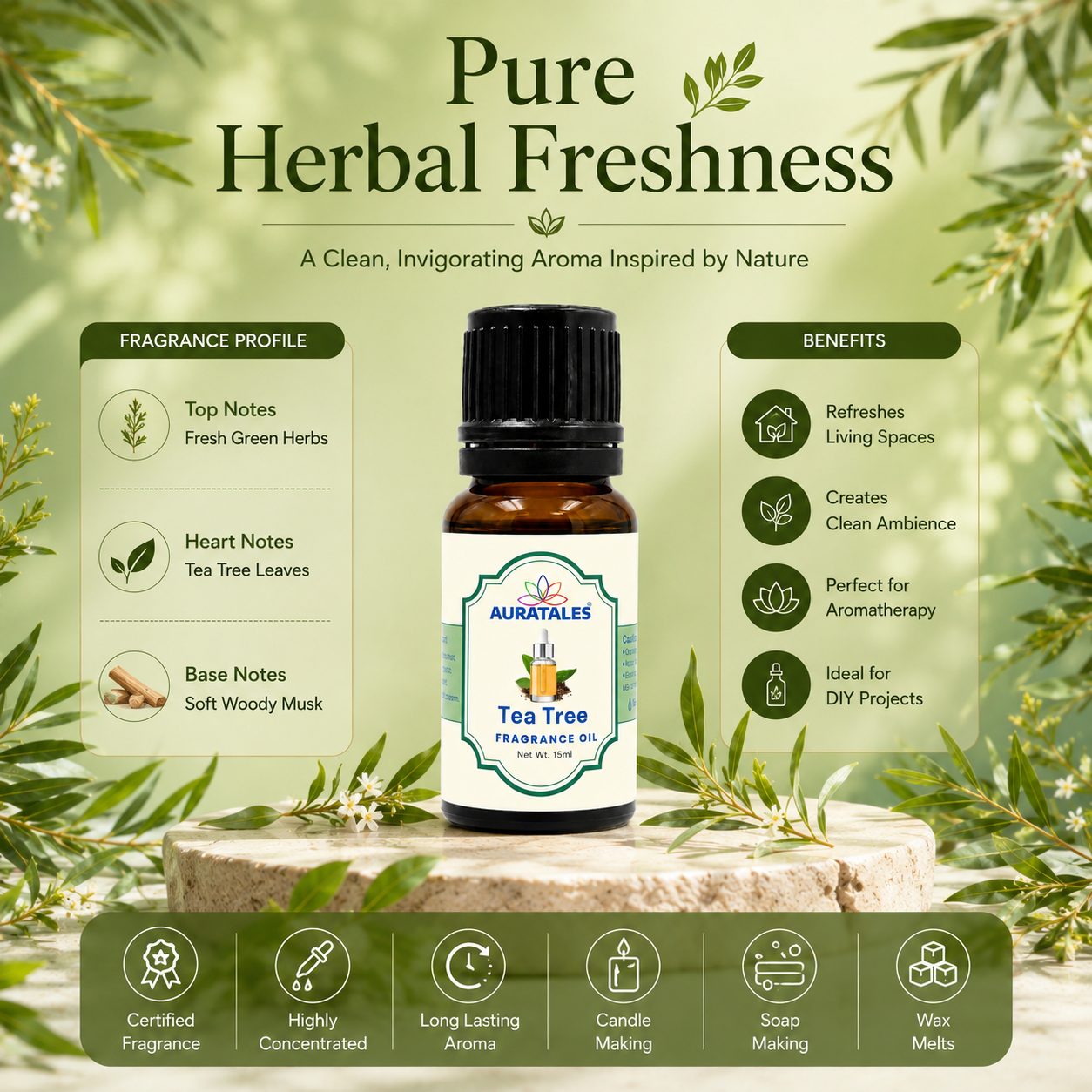 Fragrance Oil for Diffuser | Pack of 4 | 60ml | Best for Aromatherapy | Helps in Meditation | Used in Home, Candle, Diffusers, Air Fresheners (Lavender, Sandalwood, Jasmine, Tea Tree) AuraTales