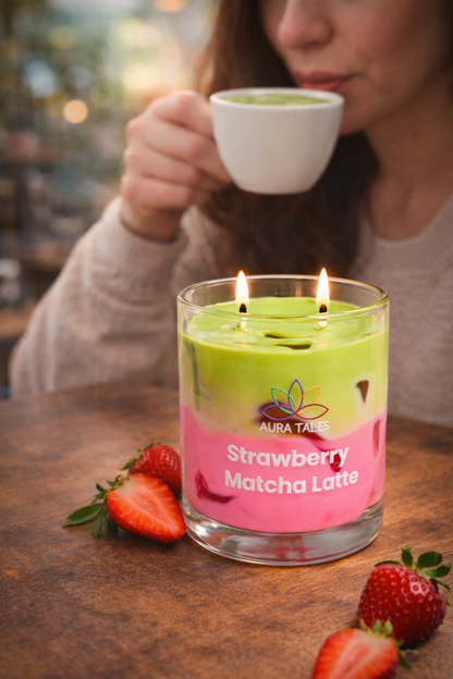 Strawberry Matcha Latte Scented Candle | Aromatherapy Candle | Strawberry & Matcha Fragrances AuraTales