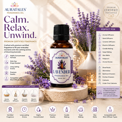 Fragrance Oil for Diffuser | Pack of 4 | 60ml | Best for Aromatherapy | Helps in Meditation | Used in Home, Candle, Diffusers, Air Fresheners (Lavender, Sandalwood, Jasmine, Tea Tree) AuraTales