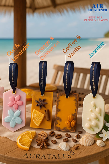 Air Freshener Coffee, Oud, Orange & Mogra Premium Scent | Pack of 4 Aura Tales