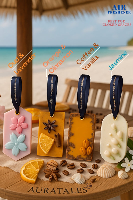 Air Freshener Coffee, Oud, Orange & Mogra Premium Scent | Pack of 4 Aura Tales
