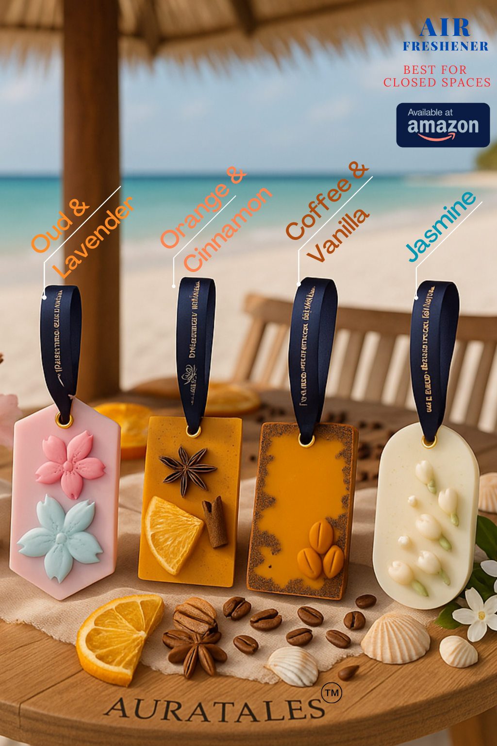 Air Freshener Coffee, Oud, Orange & Jasmine Premium Scent for Closed Space | Pack of 4 AuraTales