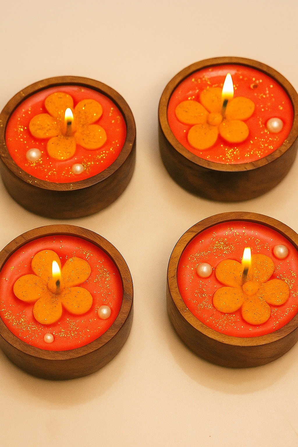 Four wooden candle holders with flower-shaped candles on a beige background