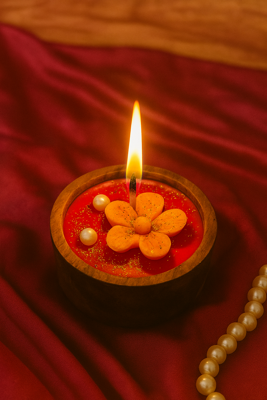Floral candle in a red dish with a pearl necklace on a red fabric background