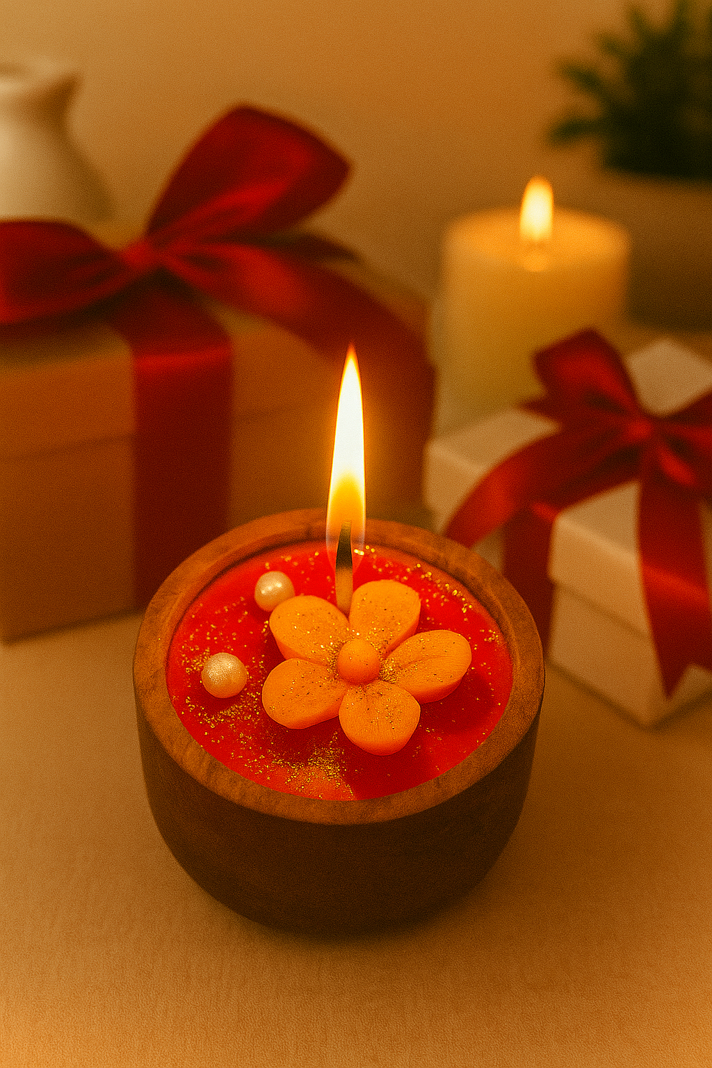 Decorative candle with a flower design on a table with gift boxes and candles in the background. Designer Round Wooden Candle