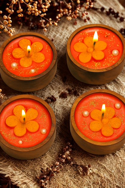 Designer Round Wooden Scented Candle Four flower-shaped candles with orange flowers on a textured surface.