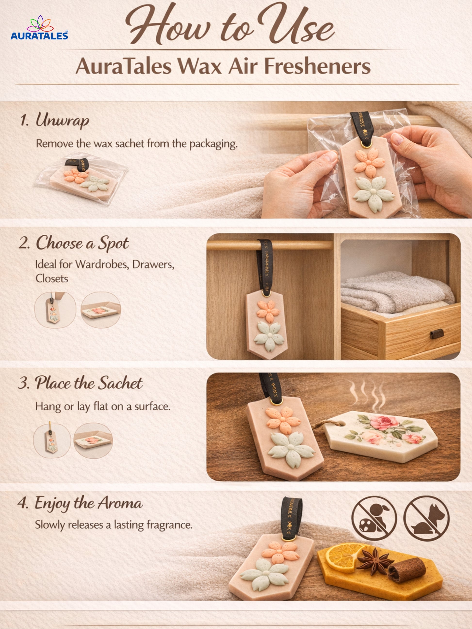 Instructions on how to use AuraTales Wax Air Fresheners with step-by-step images.