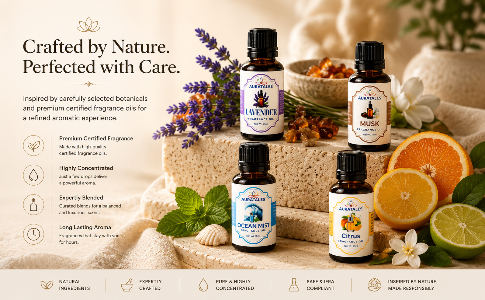 Fragrance Oil for Diffusers | Pack of 4 | 60ml | Best for Aromatherapy | Helps in Meditation | Used in Home, Candle, Diffusers, Air Fresheners (Lavender, Musk, Ocean-Mist, Citrus) AuraTales