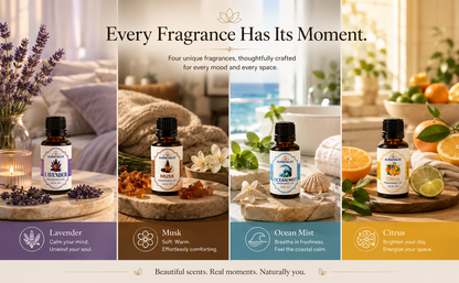 Fragrance Oil for Diffusers | Pack of 4 | 60ml | Best for Aromatherapy | Helps in Meditation | Used in Home, Candle, Diffusers, Air Fresheners (Lavender, Musk, Ocean-Mist, Citrus) AuraTales