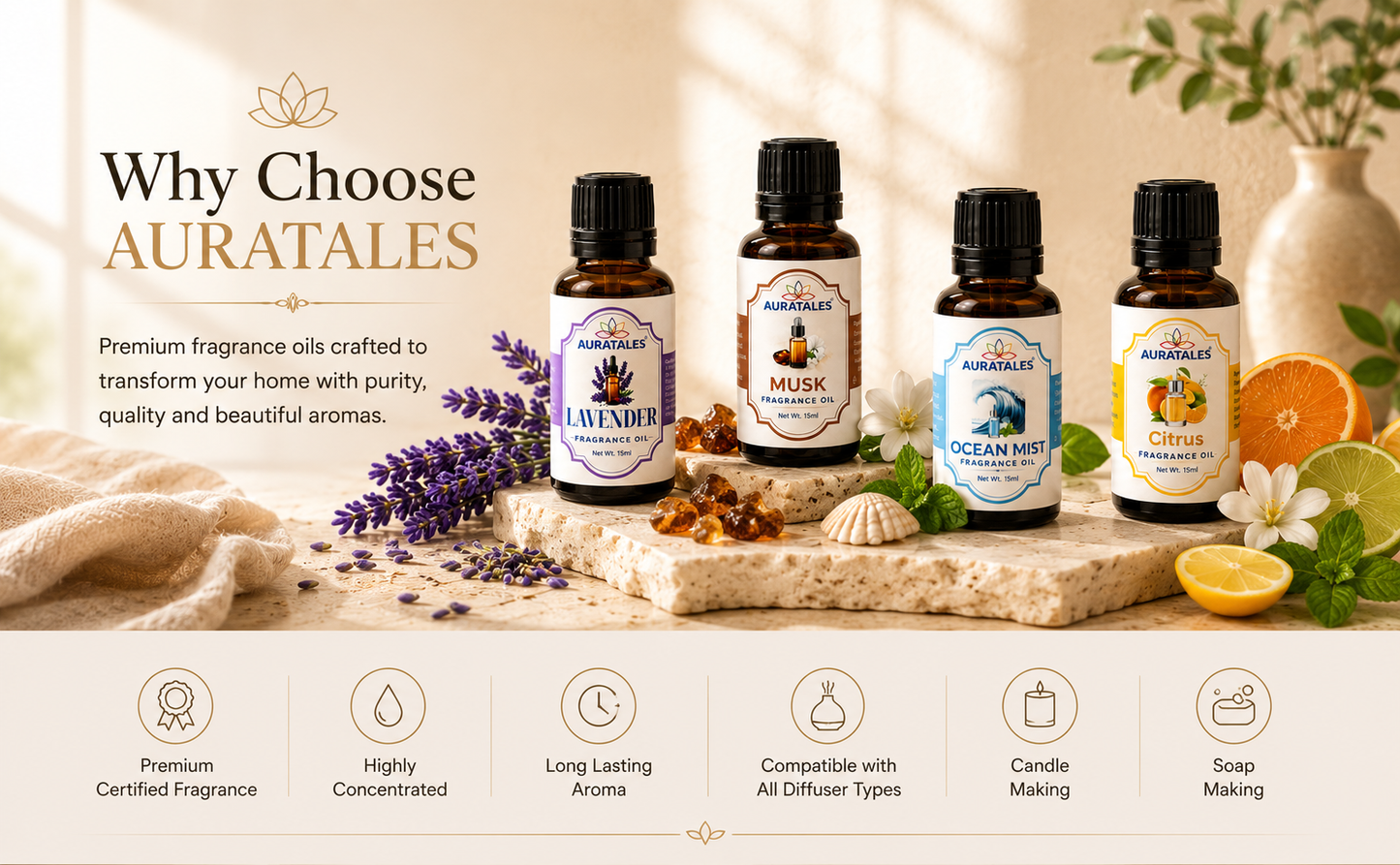 Fragrance Oil for Diffusers | Pack of 4 | 60ml | Best for Aromatherapy | Helps in Meditation | Used in Home, Candle, Diffusers, Air Fresheners (Lavender, Musk, Ocean-Mist, Citrus) AuraTales
