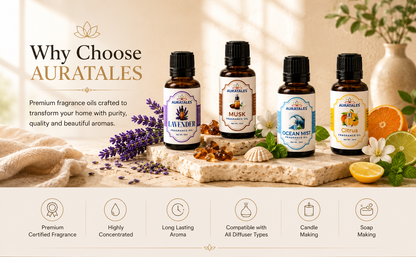 Fragrance Oil for Diffusers | Pack of 4 | 60ml | Best for Aromatherapy | Helps in Meditation | Used in Home, Candle, Diffusers, Air Fresheners (Lavender, Musk, Ocean-Mist, Citrus) AuraTales