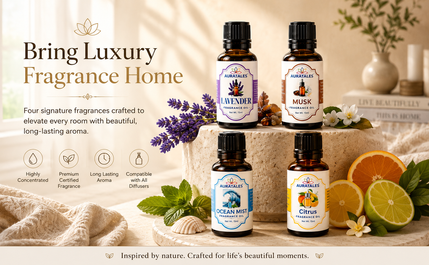 Fragrance Oil for Diffusers | Pack of 4 | 60ml | Best for Aromatherapy | Helps in Meditation | Used in Home, Candle, Diffusers, Air Fresheners (Lavender, Musk, Ocean-Mist, Citrus) AuraTales
