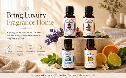 Fragrance Oil for Diffusers | Pack of 4 | 60ml | Best for Aromatherapy | Helps in Meditation | Used in Home, Candle, Diffusers, Air Fresheners (Lavender, Musk, Ocean-Mist, Citrus) AuraTales