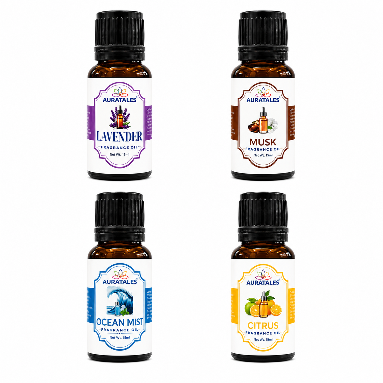 Fragrance Oil for Diffusers | Pack of 4 | 60ml | Best for Aromatherapy | Helps in Meditation | Used in Home, Candle, Diffusers, Air Fresheners (Lavender, Musk, Ocean-Mist, Citrus) AuraTales