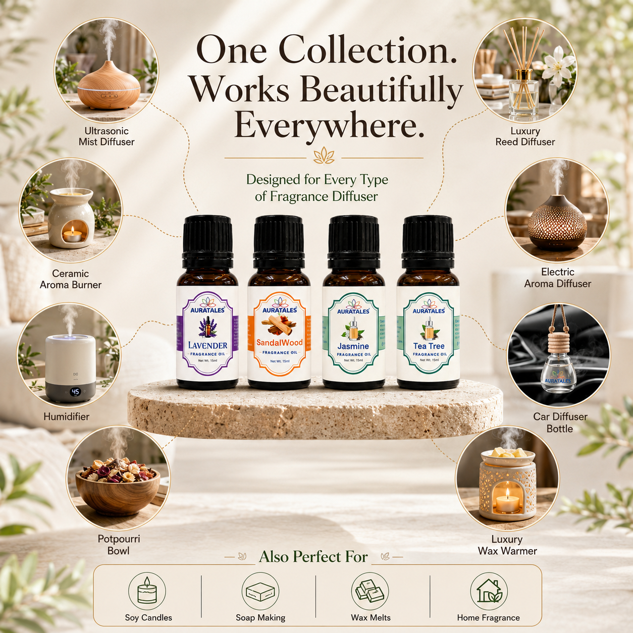 Fragrance Oil for Diffuser | Pack of 4 | 60ml | Best for Aromatherapy | Helps in Meditation | Used in Home, Candle, Diffusers, Air Fresheners (Lavender, Sandalwood, Jasmine, Tea Tree) AuraTales