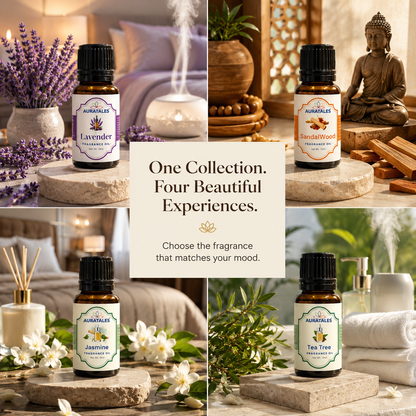 Fragrance Oil for Diffuser | Pack of 4 | 60ml | Best for Aromatherapy | Helps in Meditation | Used in Home, Candle, Diffusers, Air Fresheners (Lavender, Sandalwood, Jasmine, Tea Tree) AuraTales