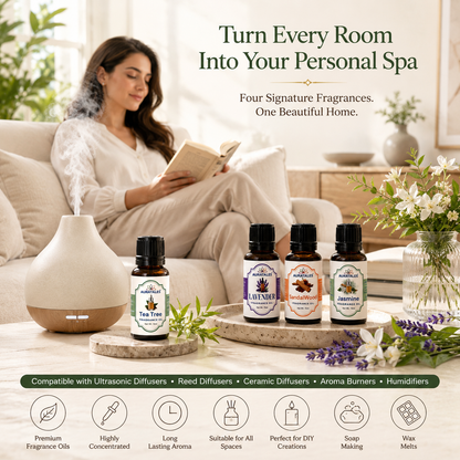 Fragrance Oil for Diffuser | Pack of 4 | 60ml | Best for Aromatherapy | Helps in Meditation | Used in Home, Candle, Diffusers, Air Fresheners (Lavender, Sandalwood, Jasmine, Tea Tree) AuraTales