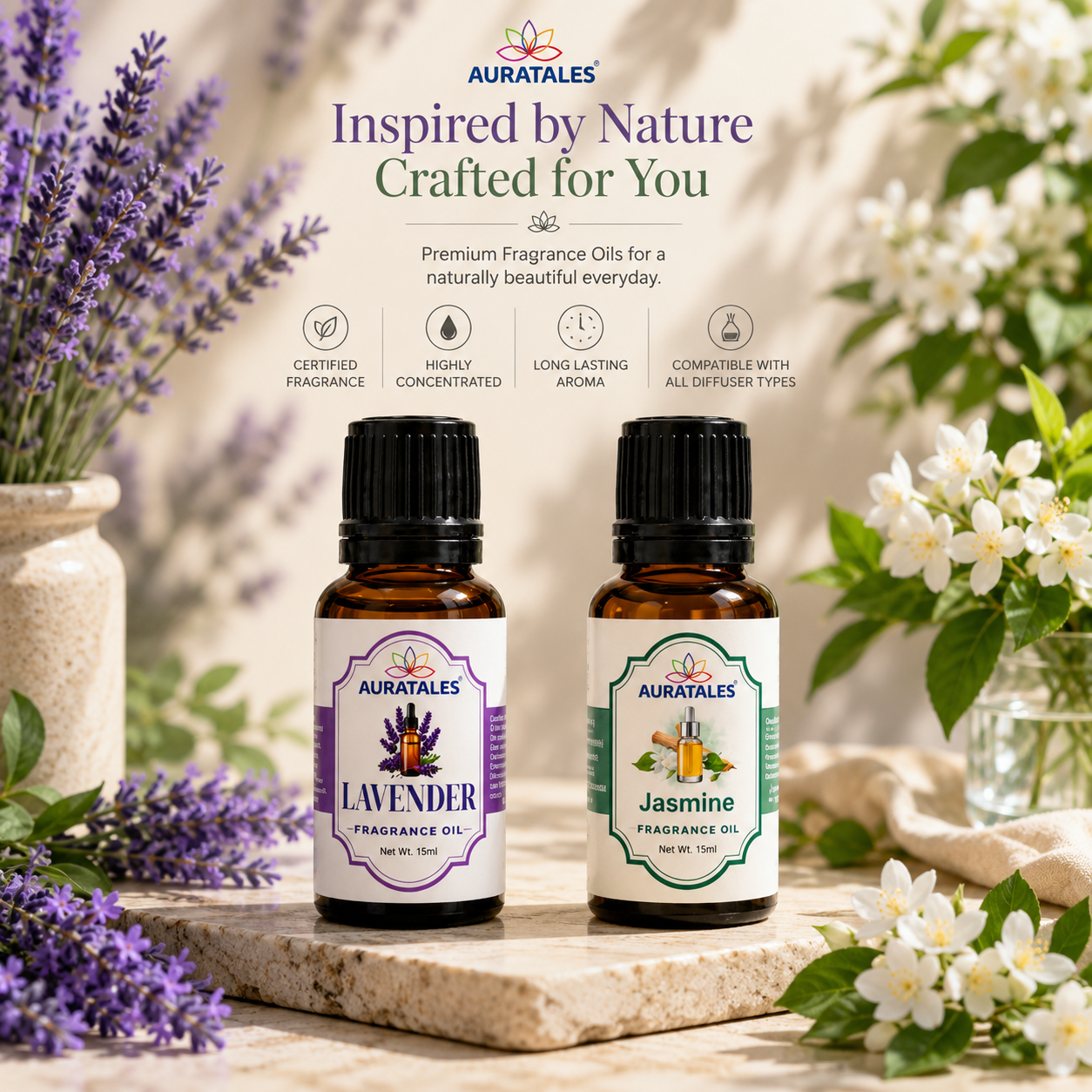Lavender, Jasmine Fragrance Oil |30 ml|Pack of 2|Used in Diffusers, Candles, Air Fresheners, Soaps AuraTales