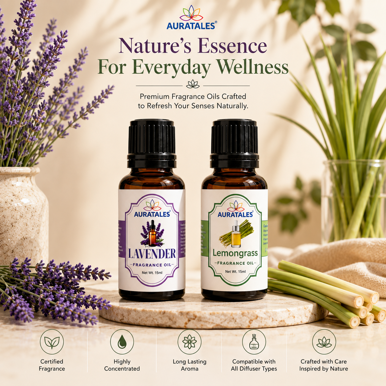 Lavender, Lemongrass Fragrance Oil |30 ml| Pack of 2|Used in Diffusers, Candles, Air Fresheners, Soaps (Copy) AuraTales