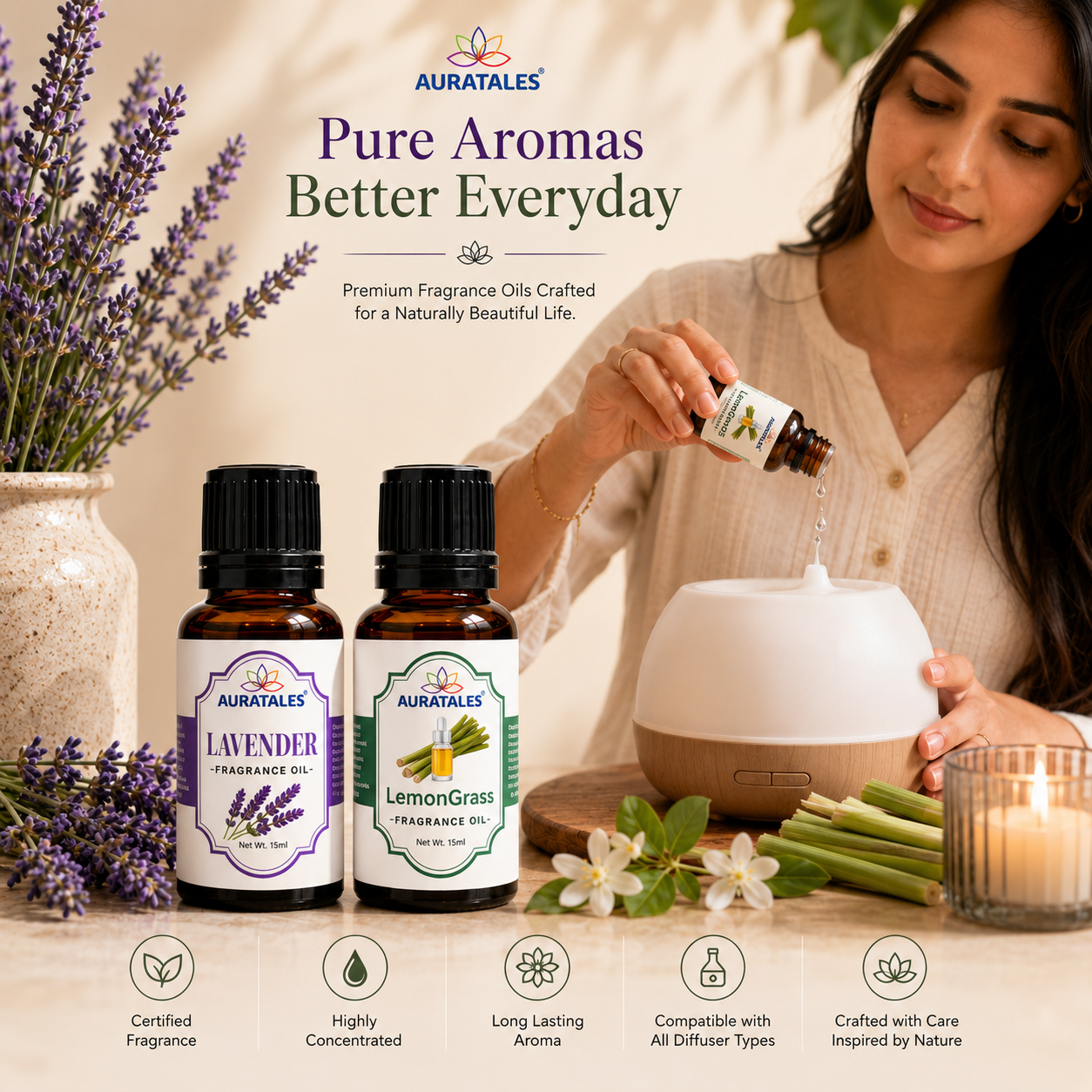 Lavender, Lemongrass Fragrance Oil |30 ml| Pack of 2|Used in Diffusers, Candles, Air Fresheners, Soaps (Copy) AuraTales