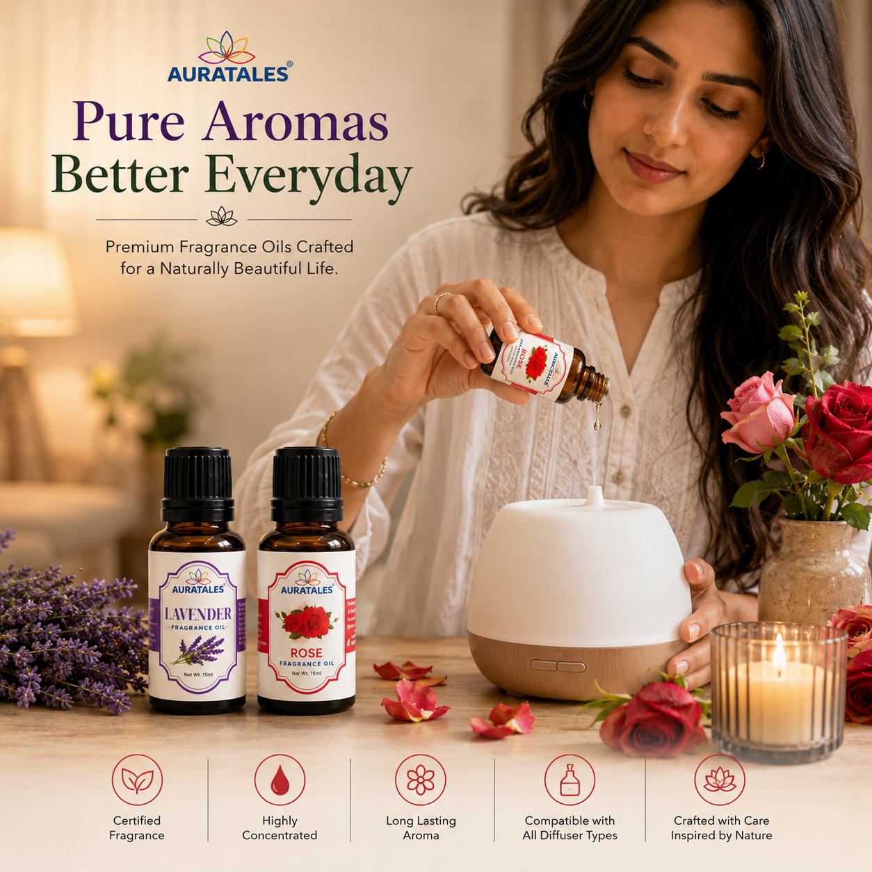 Lavender, Rose Fragrance Oil |30 ml| Pack of 2|Used in Diffusers, Candles, Air Fresheners, Soaps AuraTales