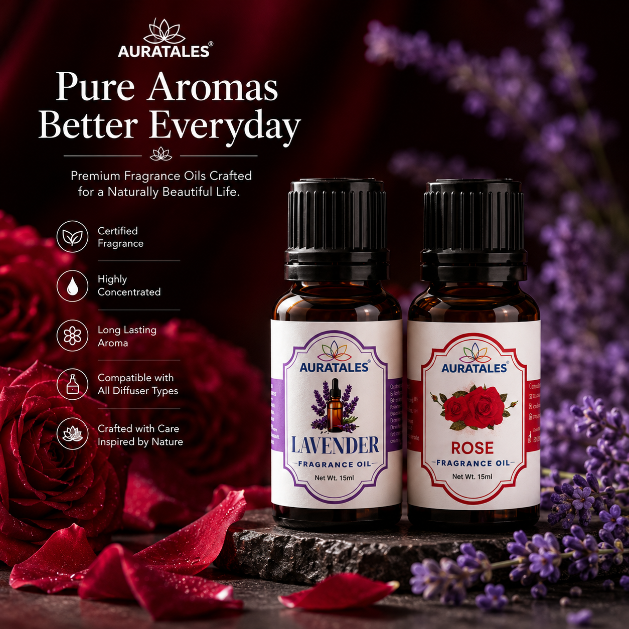 Lavender, Rose Fragrance Oil |30 ml| Pack of 2|Used in Diffusers, Candles, Air Fresheners, Soaps AuraTales