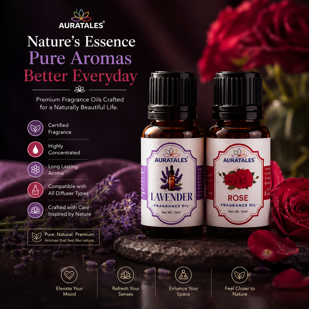 Lavender, Rose Fragrance Oil |30 ml| Pack of 2|Used in Diffusers, Candles, Air Fresheners, Soaps AuraTales