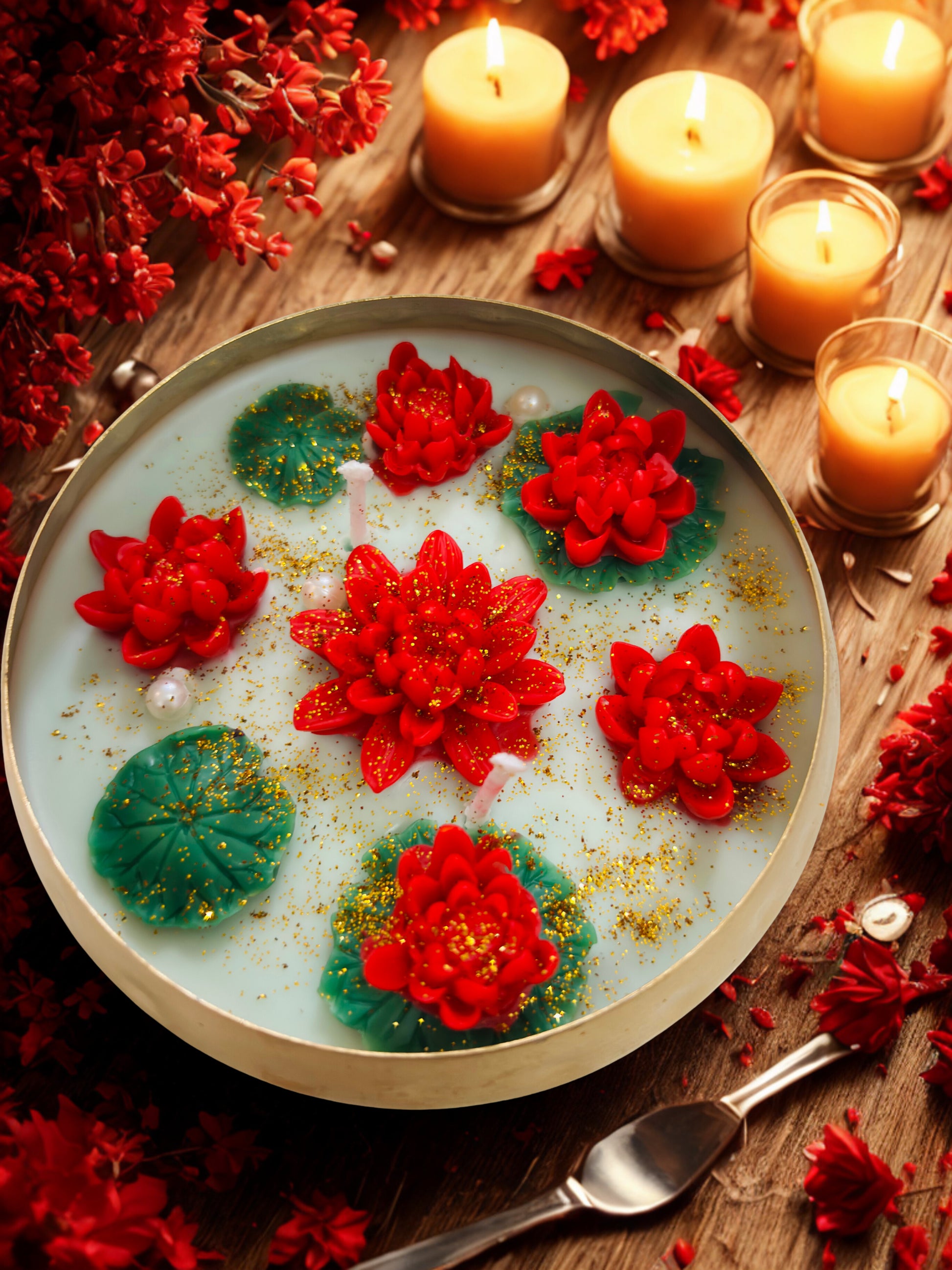 Decorative dish with red and green floral designs on a wooden surface with candles.