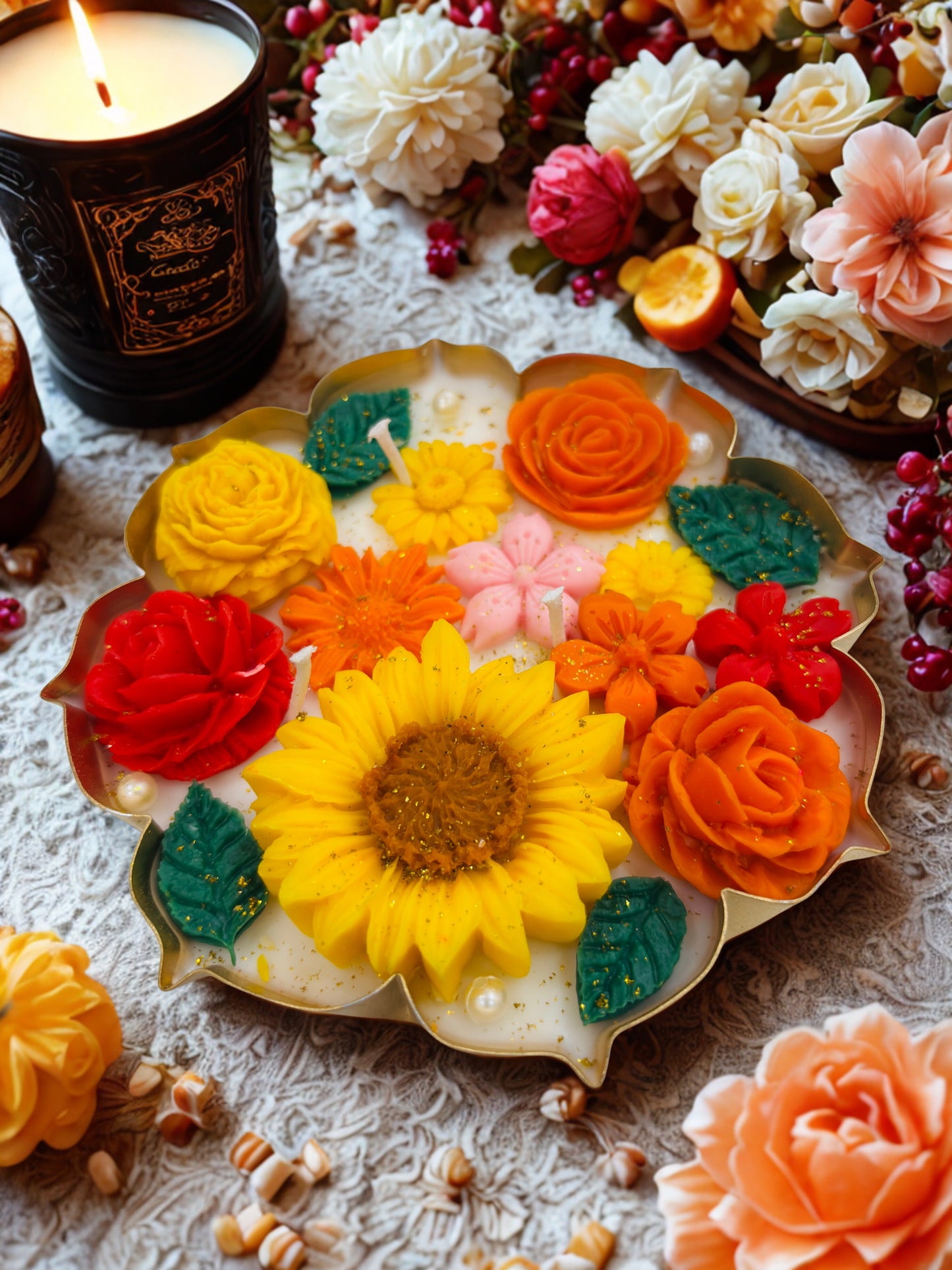 Lotus Urli Candle Oudh Rose & Saffron Scent | Festival Gifting AuraTales