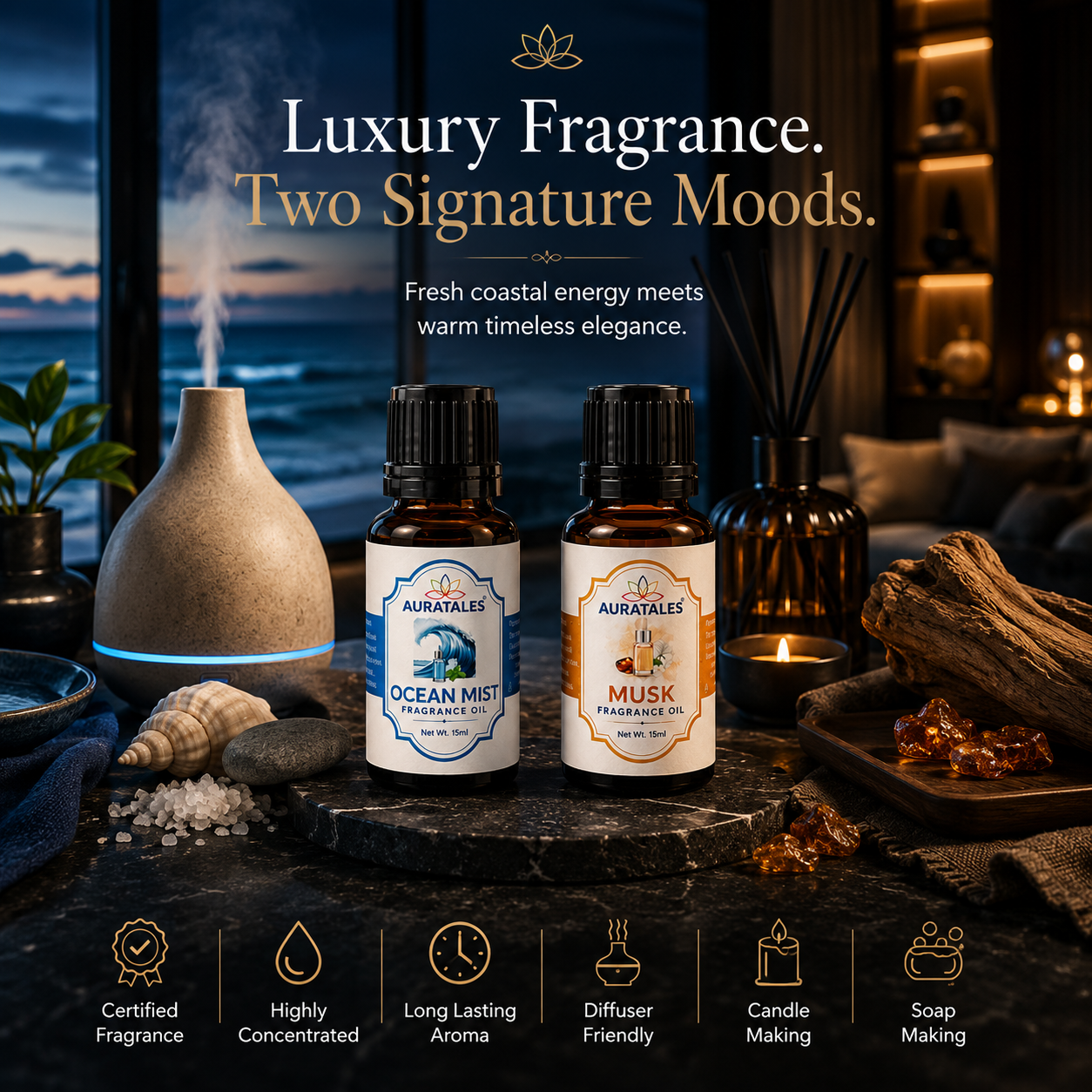 Ocean Mist, Musk Fragrance Oil |30 ml| Pack of 2| Used in Diffusers, Candles, Air Fresheners, Soaps AuraTales