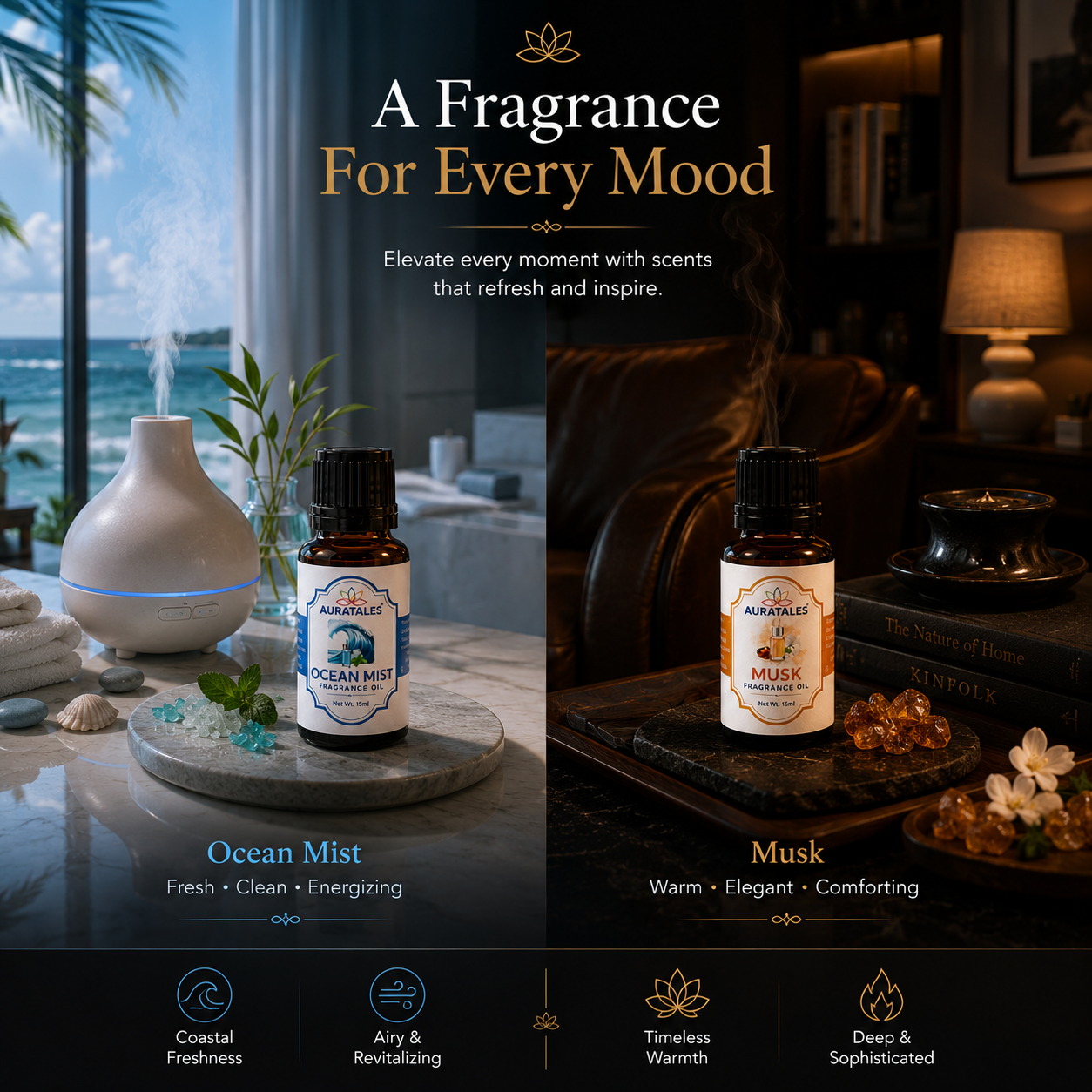 Ocean Mist, Musk Fragrance Oil |30 ml| Pack of 2| Used in Diffusers, Candles, Air Fresheners, Soaps AuraTales