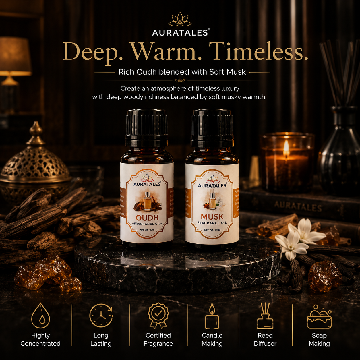 Oud & Musk Fragrance Oil |30 ml| Pack of 2| Used in Diffusers, Candles, Air Fresheners, Soaps AuraTales