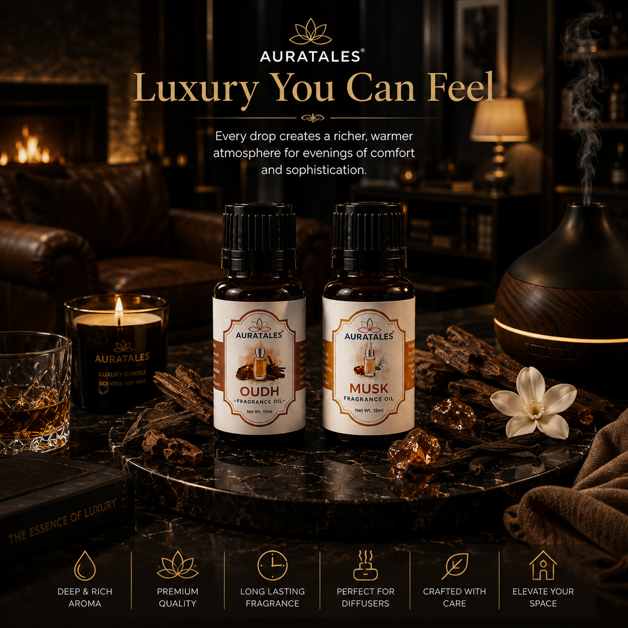 Oud & Musk Fragrance Oil |30 ml| Pack of 2| Used in Diffusers, Candles, Air Fresheners, Soaps AuraTales