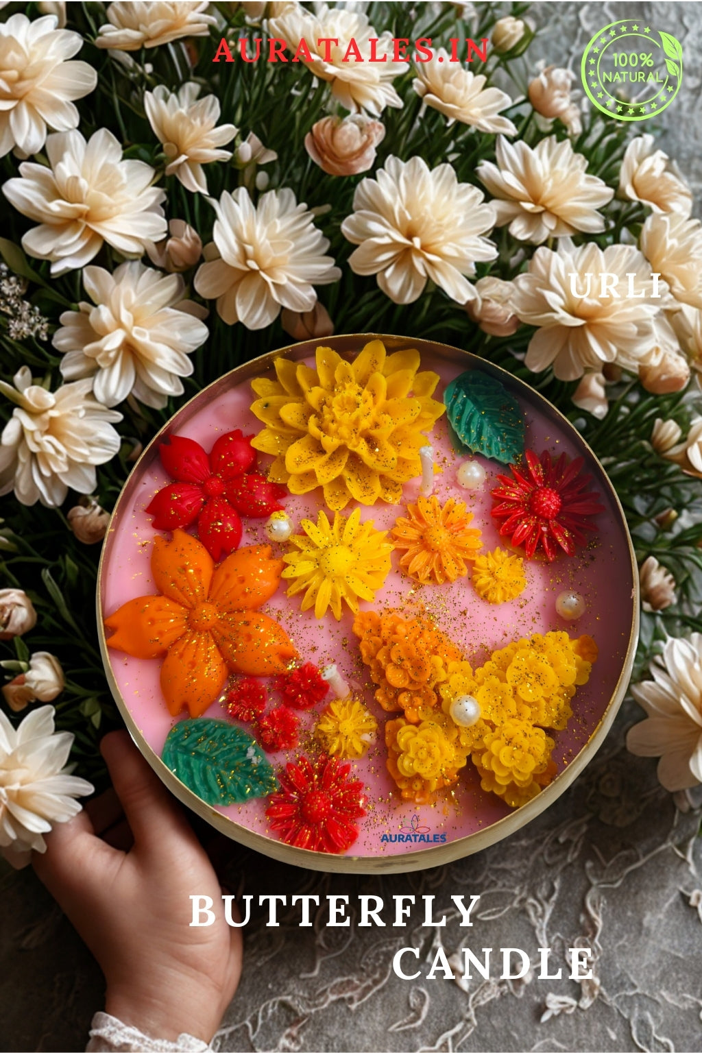 Golden Butterfly Urli Candle - Rose Oudh Rose Saffron | For Festival & Gifting AuraTales